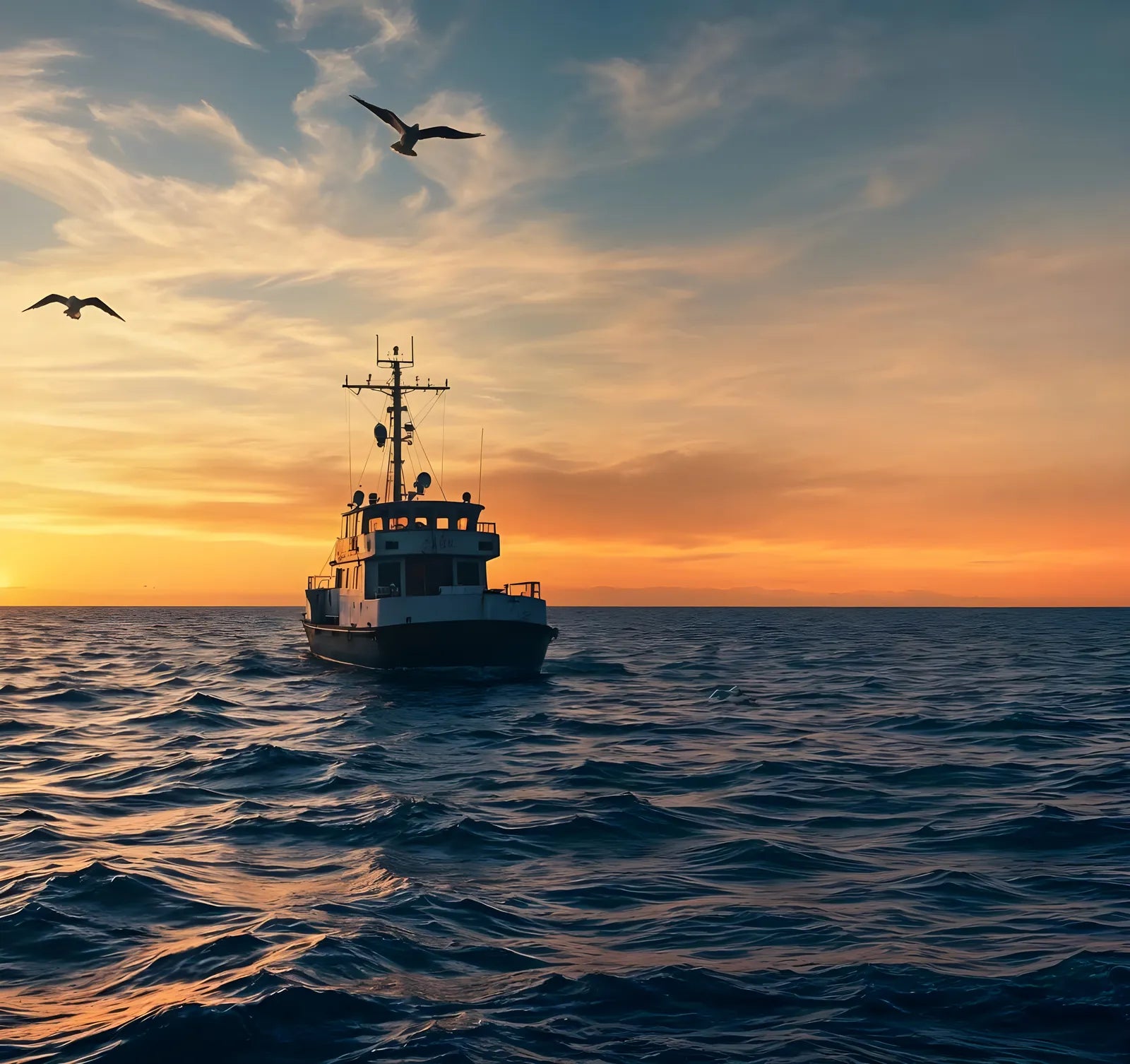 Boat on a lake at sunrise with gulls flying overhead