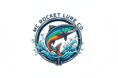 Stylized salmon leaping with the words "MC Rocket Lure Co."
